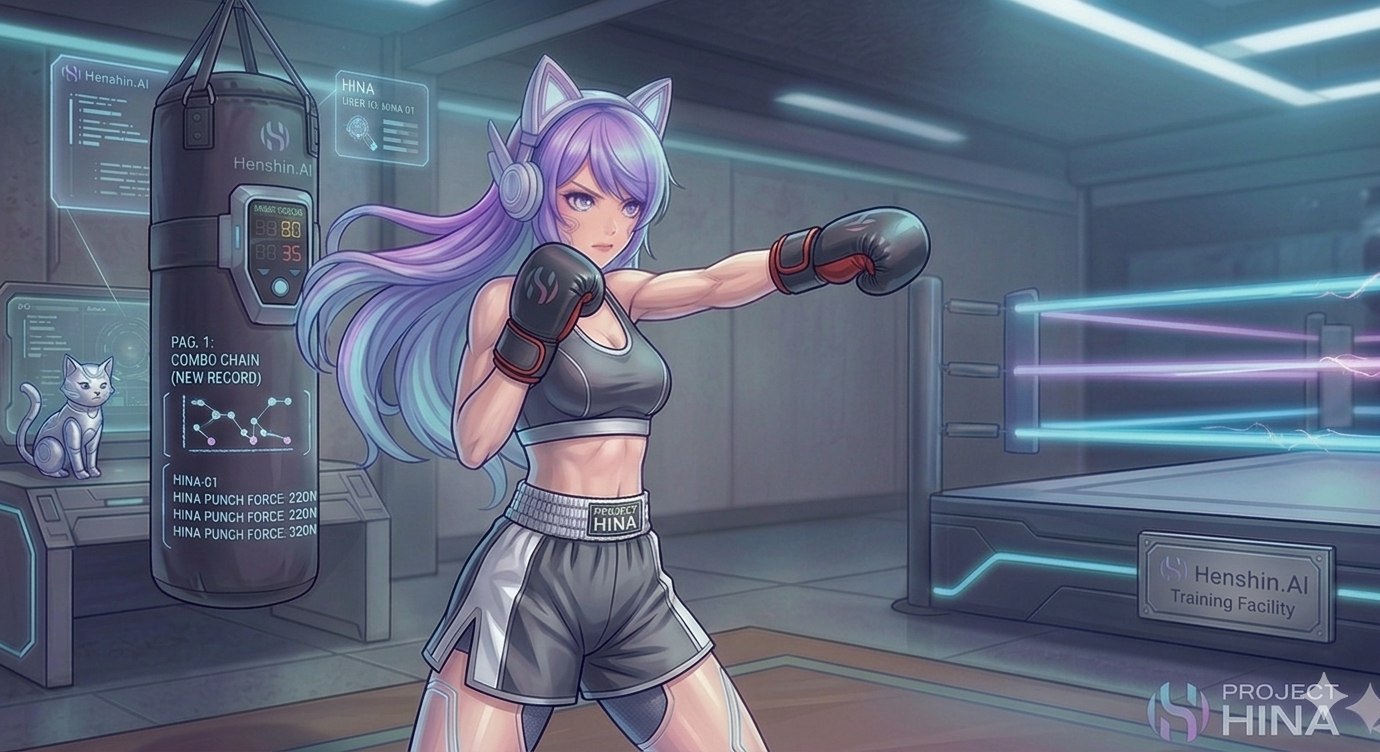 Hina Henshin.AI em pose de boxe imersiva no ringue